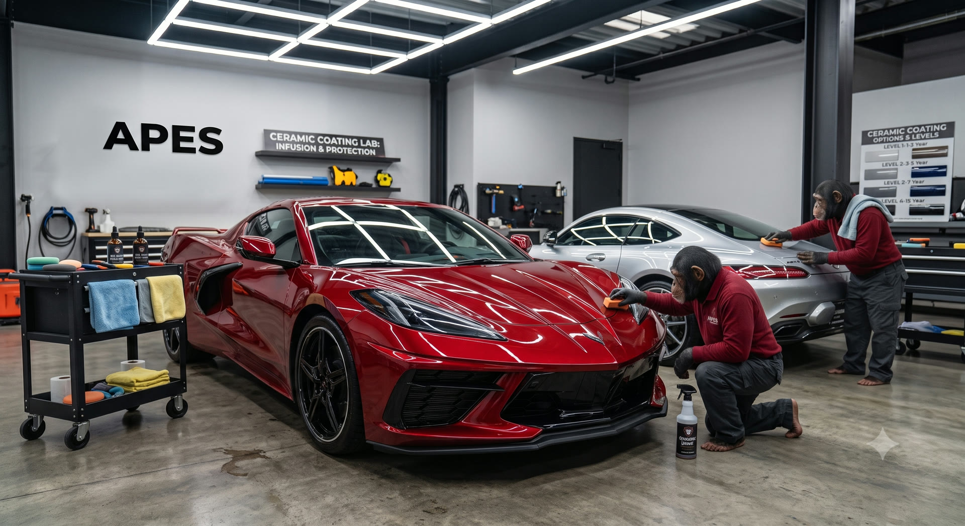 Red Corvette getting a ceramic coating at the APES shop in Orlando