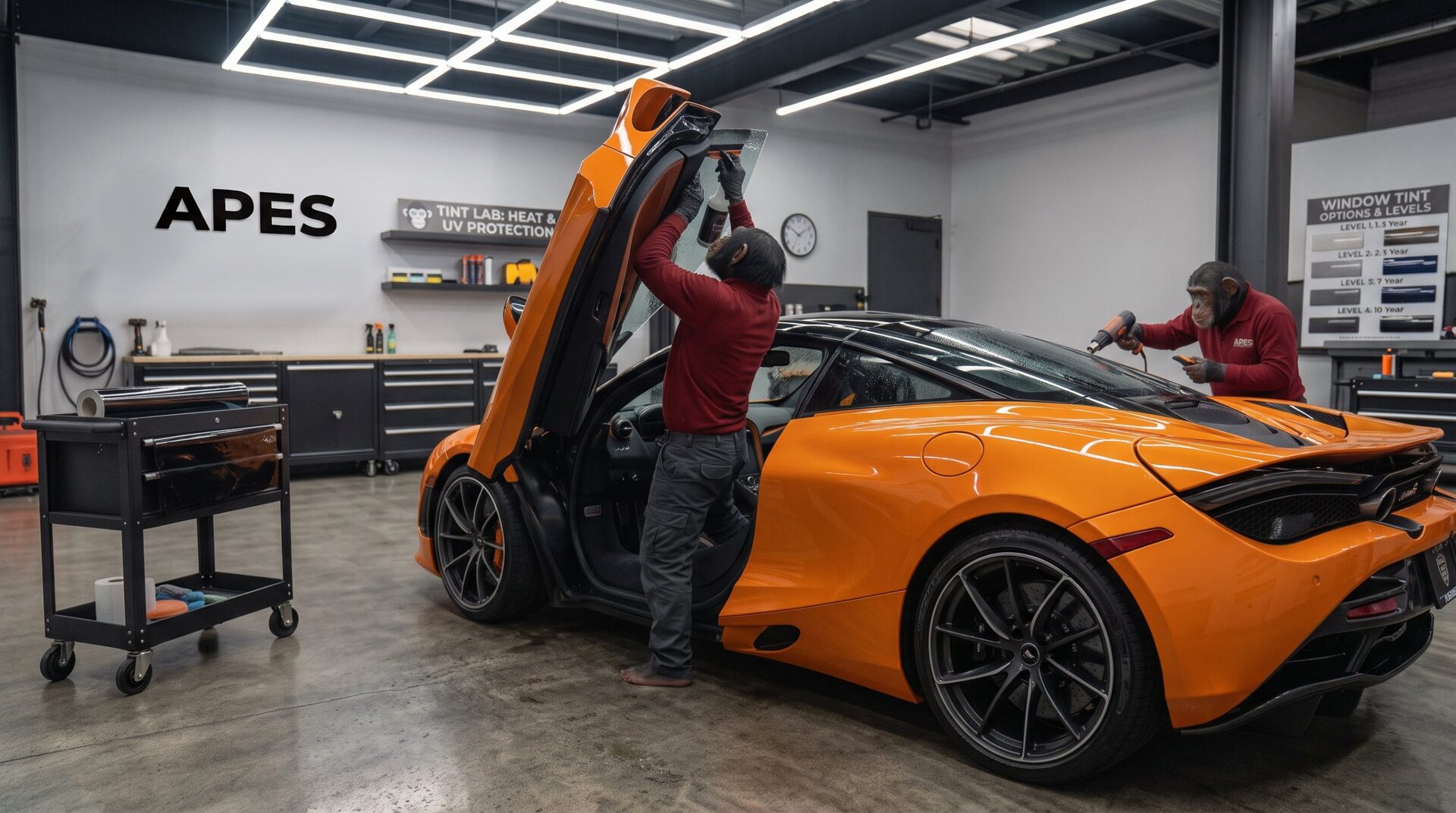 Orange McLaren receiving ceramic window tint at APES in Orlando