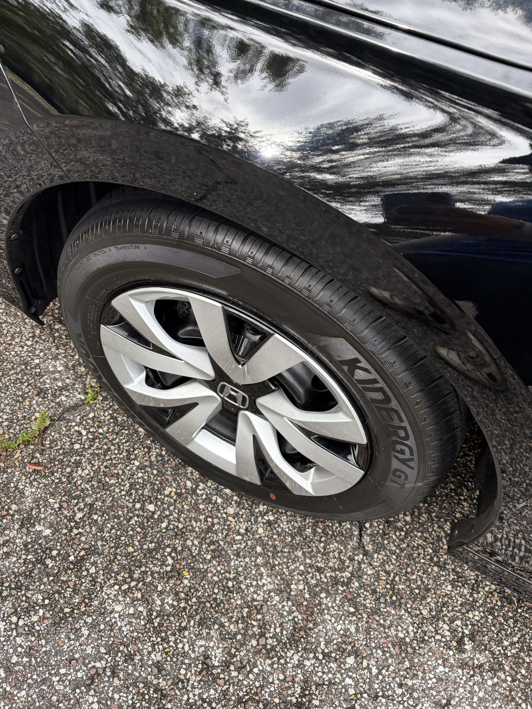Honda Civic wheel and dressed tire with glossy black paint